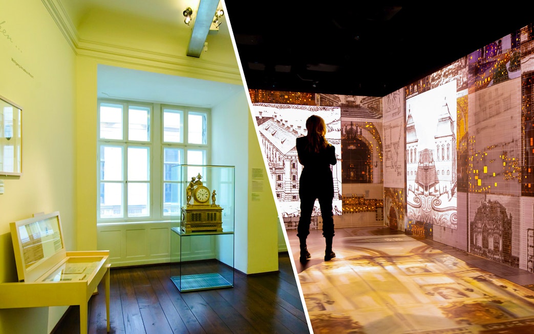 Mozart's apartment interior and digital exhibit at Mozarthaus Vienna.