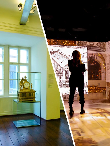 Mozart's apartment interior and digital exhibit at Mozarthaus Vienna.