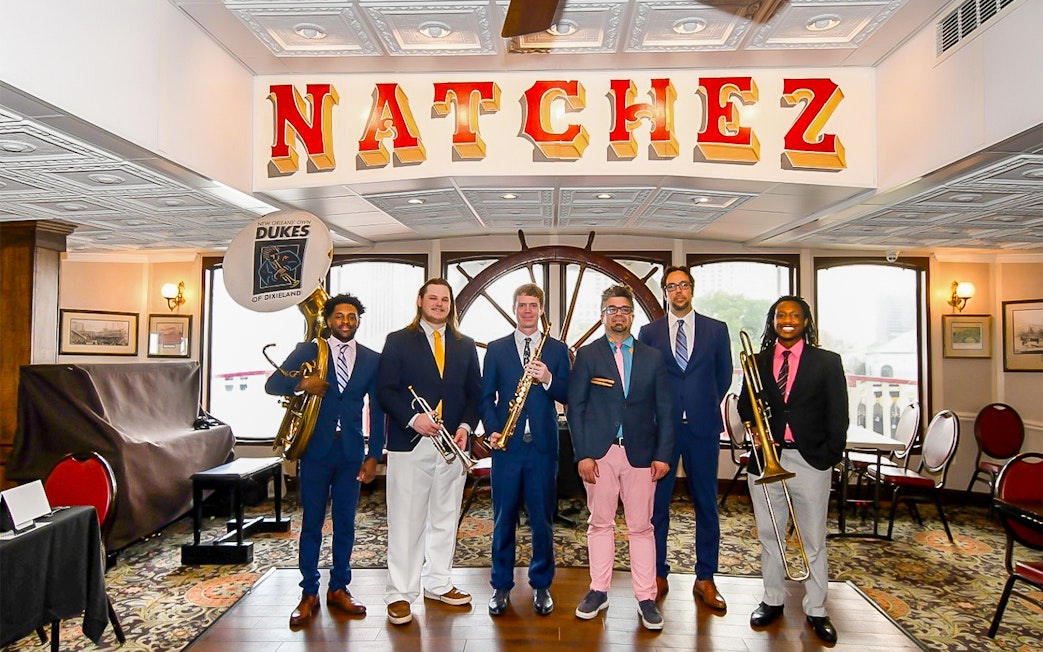 Musicians with instruments on Steamboat Natchez, New Orleans.