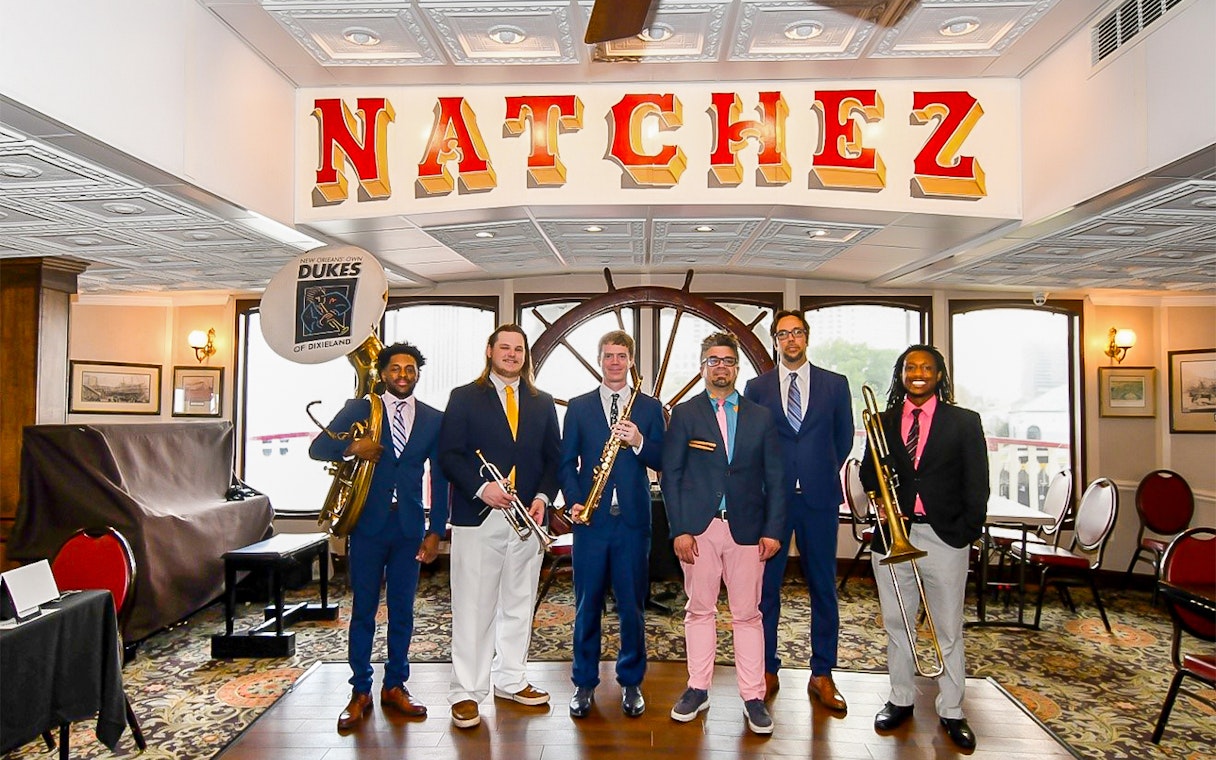 Musicians with instruments on Steamboat Natchez, New Orleans.