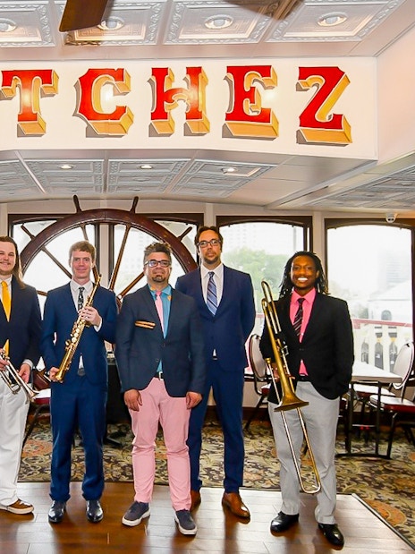 Musicians with instruments on Steamboat Natchez, New Orleans.