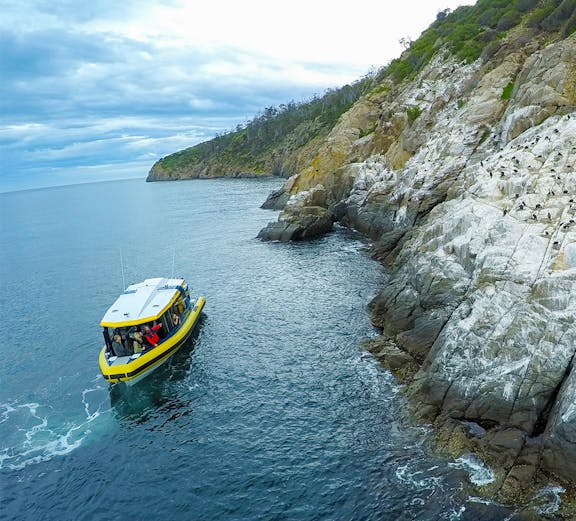 Boat tour near rocky coastline en route to Iron Pot Lighthouse, Tasmania.
