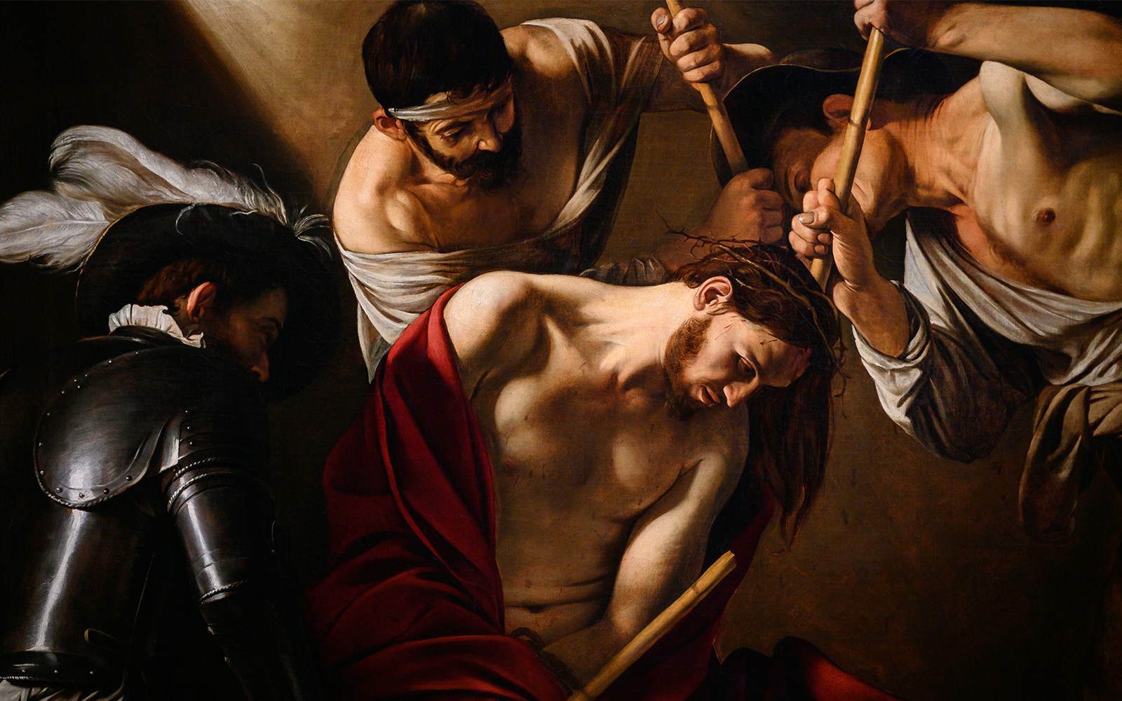 The Crowning with Thorns (c. 1603) by Michelangelo Merisi da Caravaggio (1571–1610). Kunsthistorisches Museum (Art History Museum) in Vienna