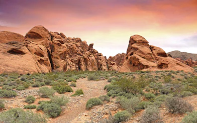 Valley of Fire red rock formations under a colorful sky on a guided tour from Las Vegas.