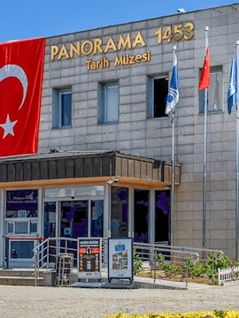 Panorama 1453 History Museum entrance in Istanbul with Turkish flag.