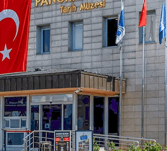 Panorama 1453 History Museum entrance in Istanbul with Turkish flag.