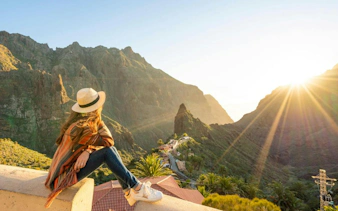 Masca Village view at sunset with mountains and sun rays, Tenerife.
