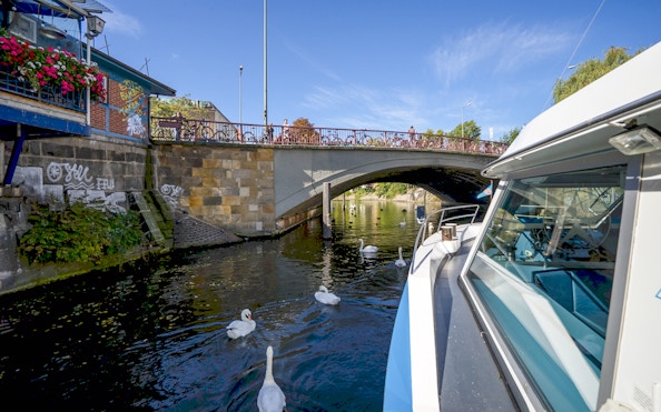 Boat passing under a bridge on the River Spree with swans swimming nearby.