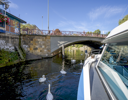Boat passing under a bridge on the River Spree with swans swimming nearby.