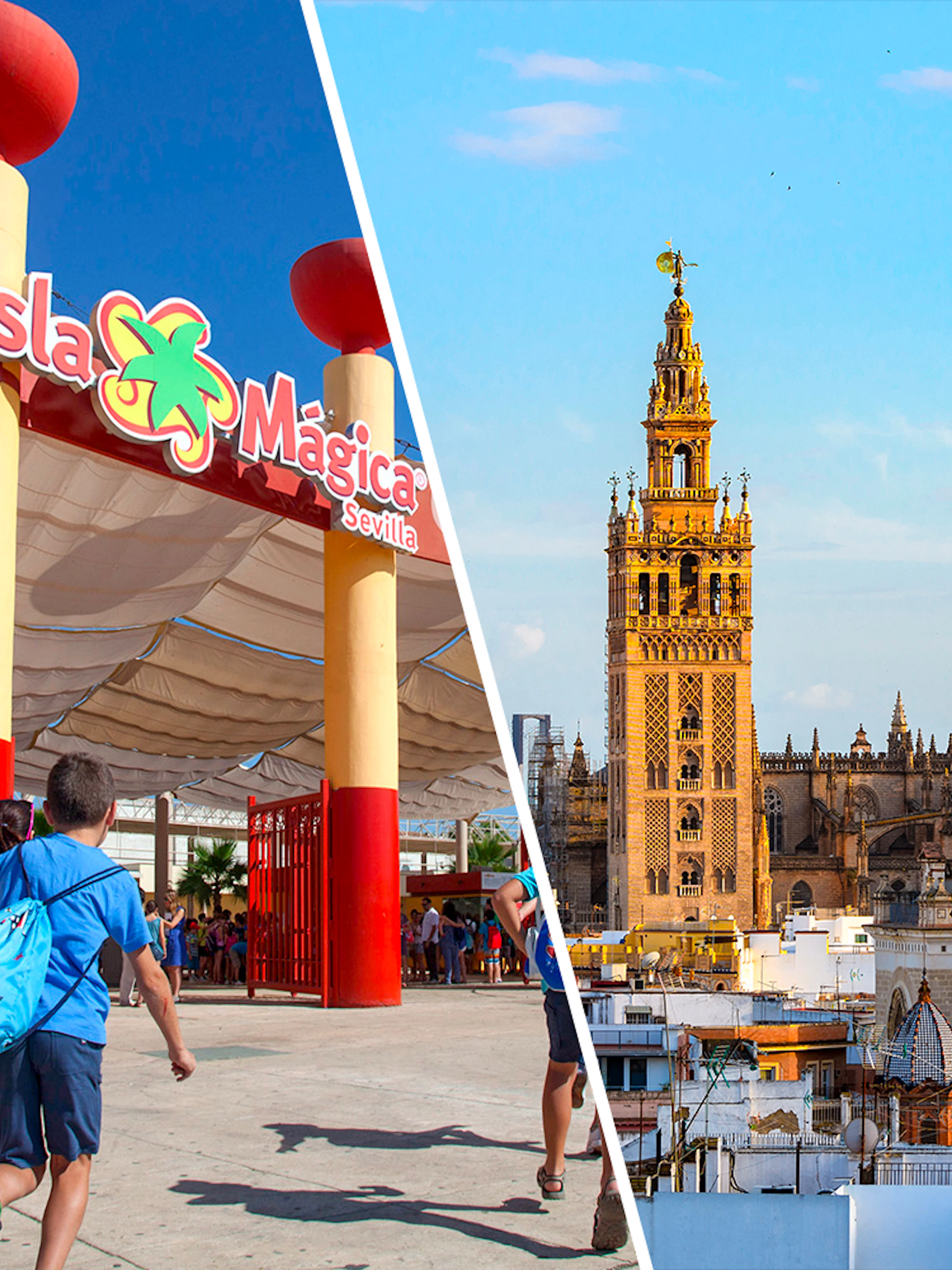 Isla Mágica entrance and Seville Cathedral with Giralda tower in Seville, Spain.