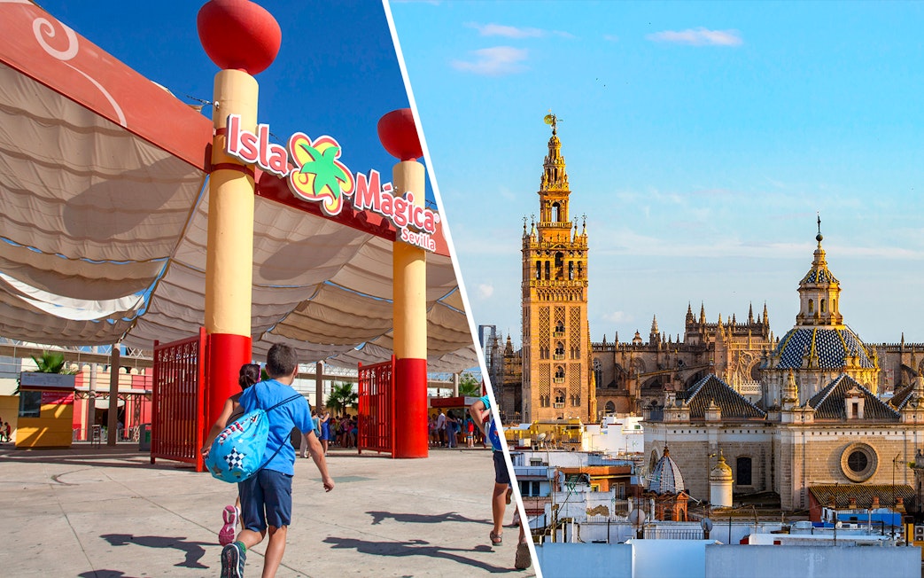 Isla Mágica entrance and Seville Cathedral with Giralda tower in Seville, Spain.