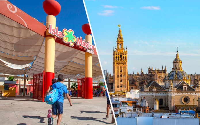 Isla Mágica entrance and Seville Cathedral with Giralda tower in Seville, Spain.