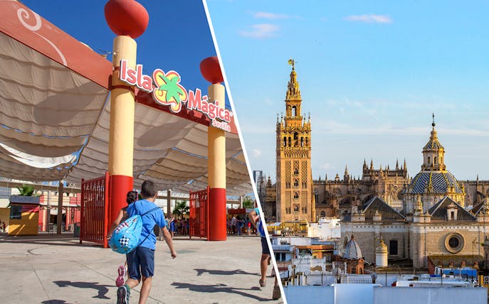 Isla Mágica entrance and Seville Cathedral with Giralda tower in Seville, Spain.