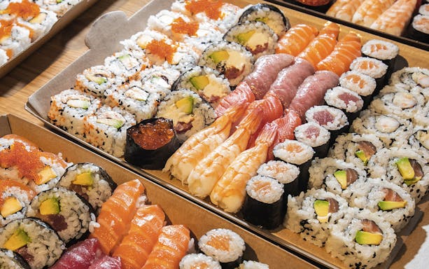 Assorted sushi platter with nigiri and rolls, featuring salmon, tuna, and avocado, on Tokyo street food tour.