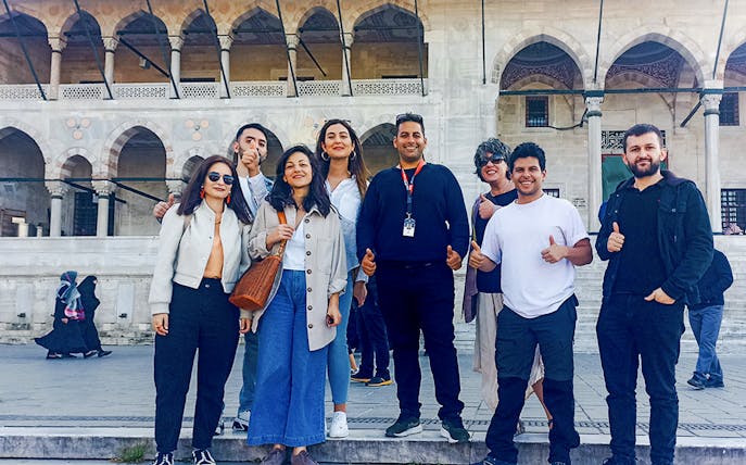 Group of tourists in front of Hagia Sophia during Istanbul walking tour.