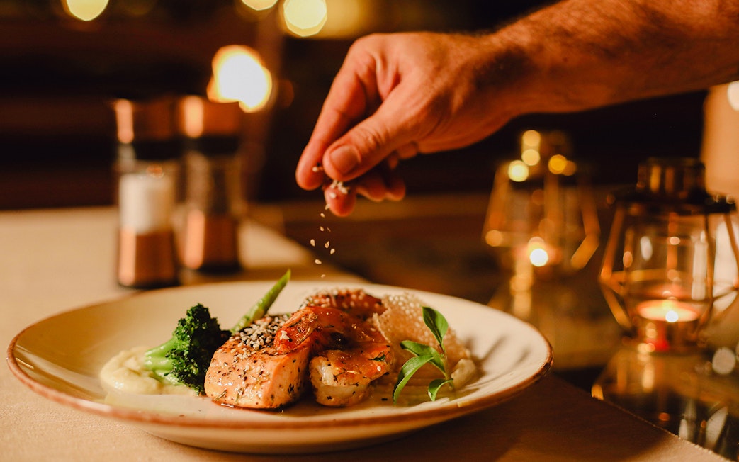 Hand sprinkling salt on gourmet dish at premium dining safari experience.