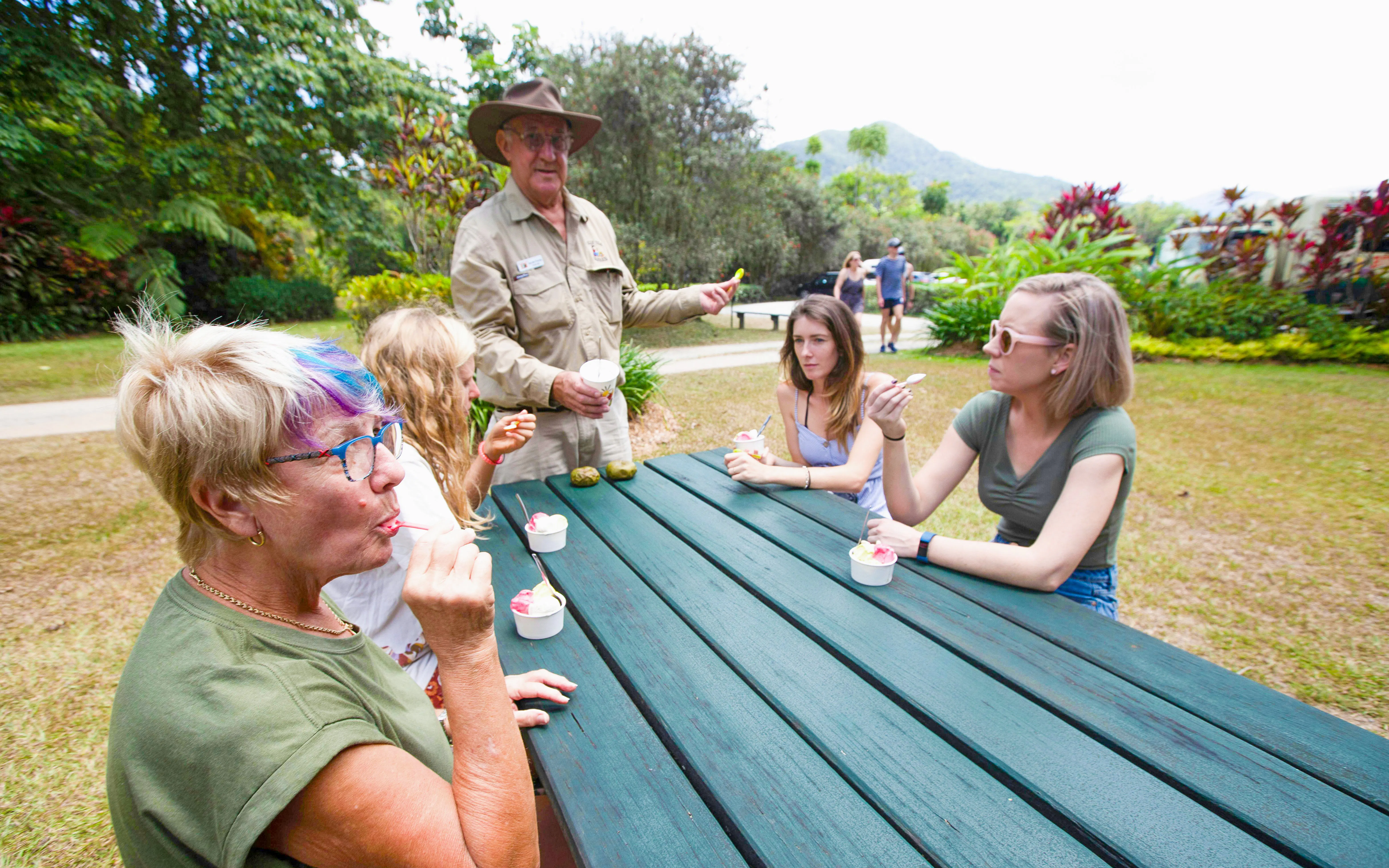 Tour group enjoying ice cream at a picnic table in Daintree Rainforest, Australia.