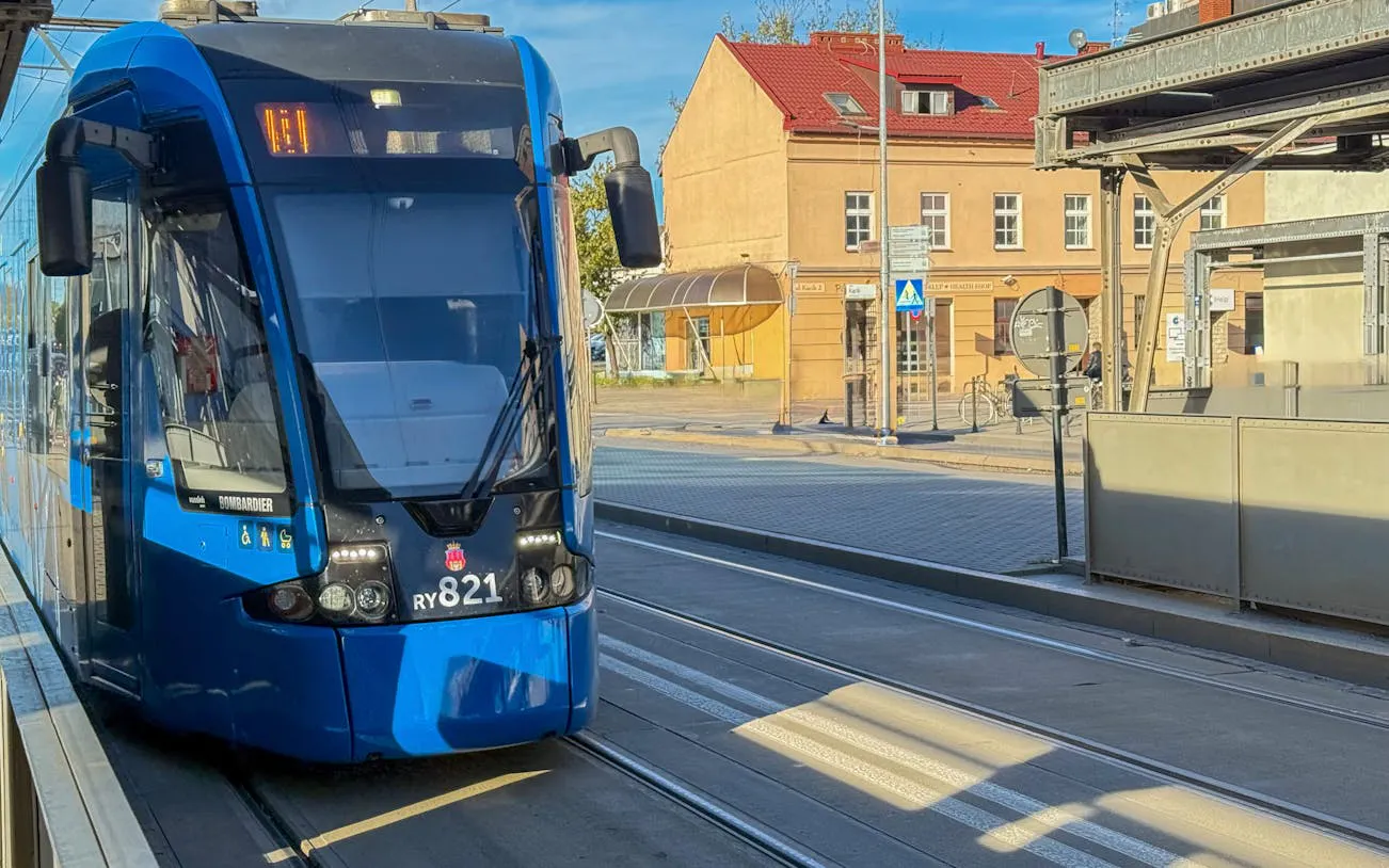 Tram at a station in Krakow, part of the Plaszow Concentration Camp Guided Tour.