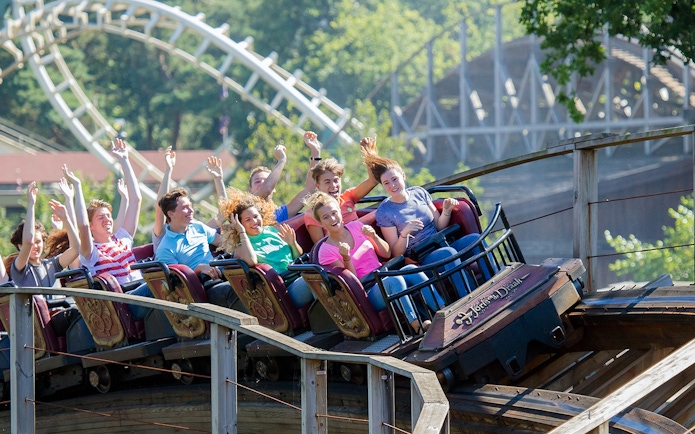 Visitors enjoying a roller coaster at Efteling Theme Park near Amsterdam.