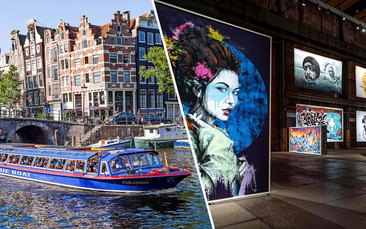 Canal cruise boat on Amsterdam canal and street art inside STRAAT Museum.