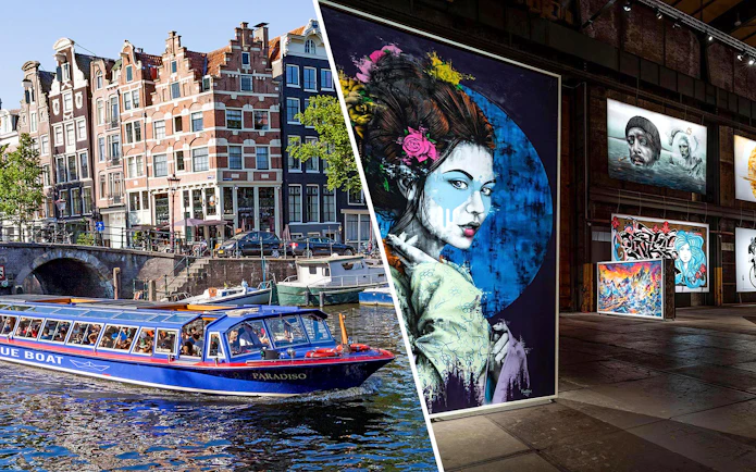 Canal cruise boat on Amsterdam canal and street art inside STRAAT Museum.