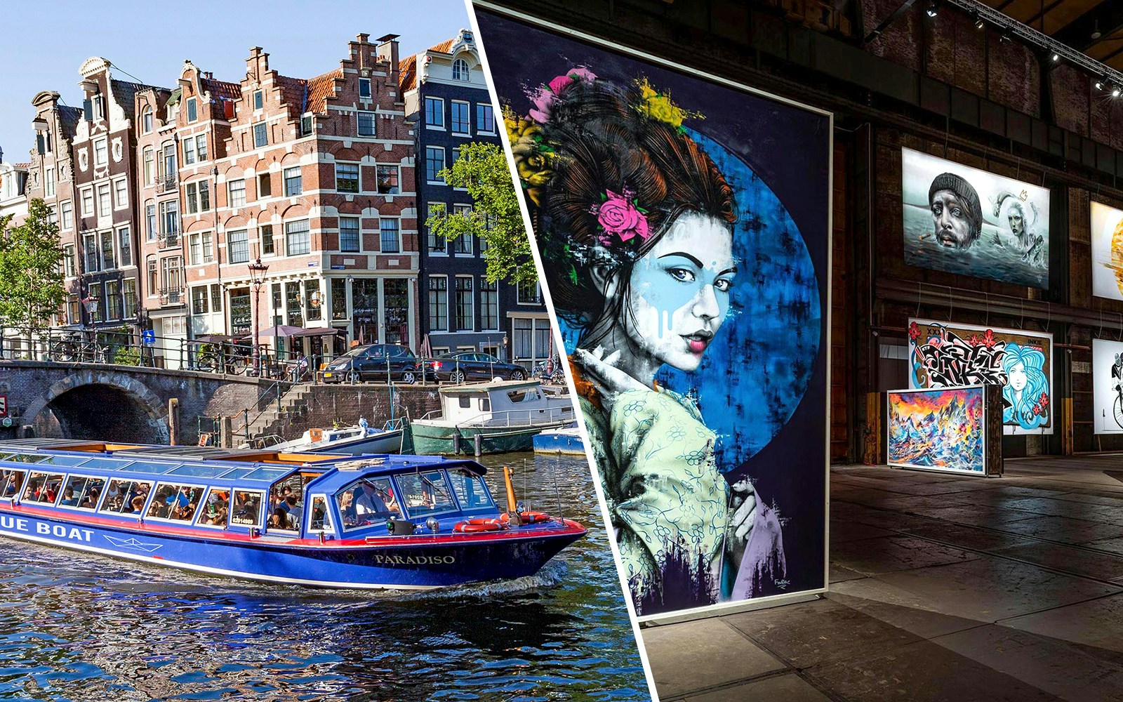 Canal cruise boat on Amsterdam canal and street art inside STRAAT Museum.