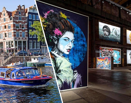 Canal cruise boat on Amsterdam canal and street art inside STRAAT Museum.
