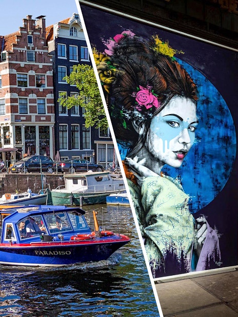 Canal cruise boat on Amsterdam canal and street art inside STRAAT Museum.