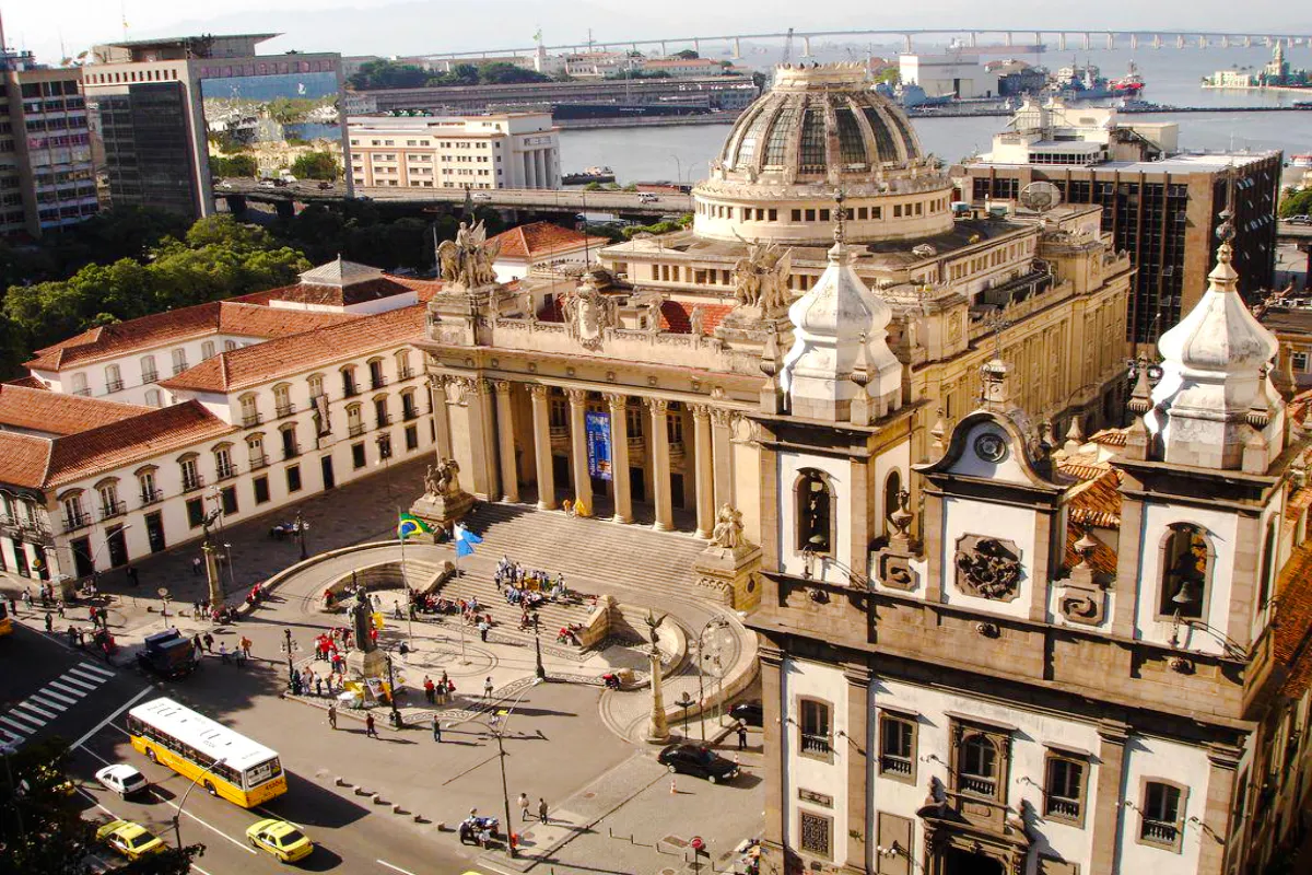 Historic buildings in Rio de Janeiro's Old Town, featuring ornate architecture and bustling streets.