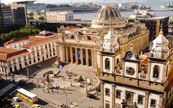Historic buildings in Rio de Janeiro's Old Town, featuring ornate architecture and bustling streets.