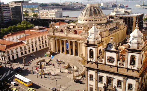 Historic buildings in Rio de Janeiro's Old Town, featuring ornate architecture and bustling streets.