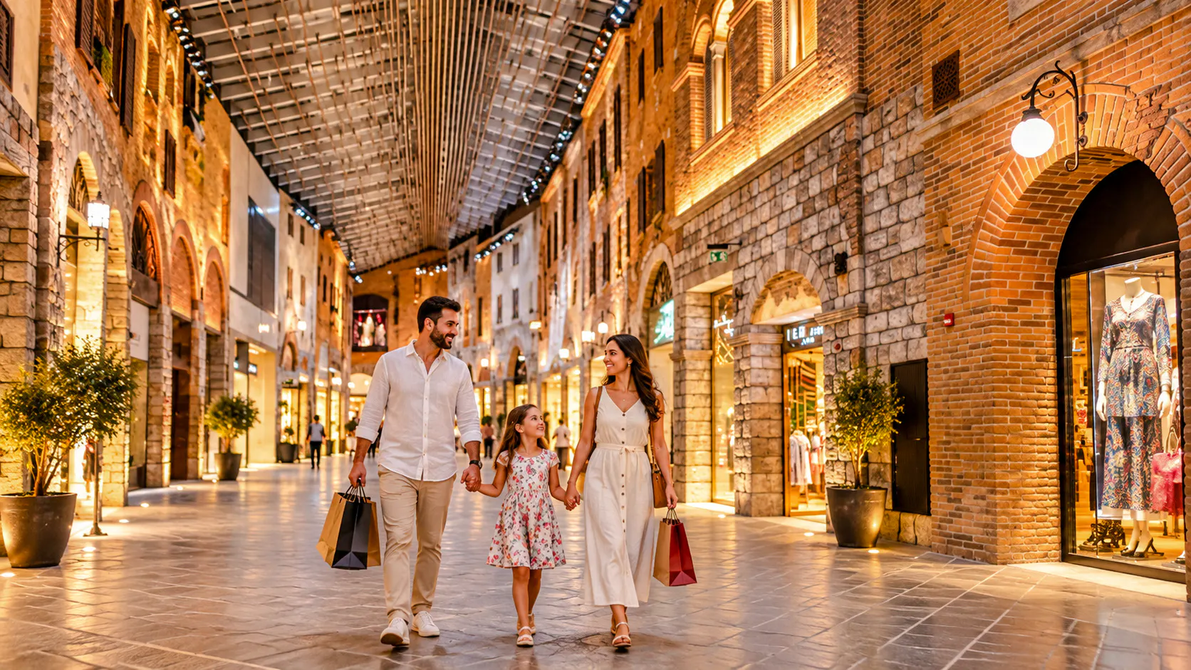 Family shopping in a Dubai mall with expert guide on private car tour.