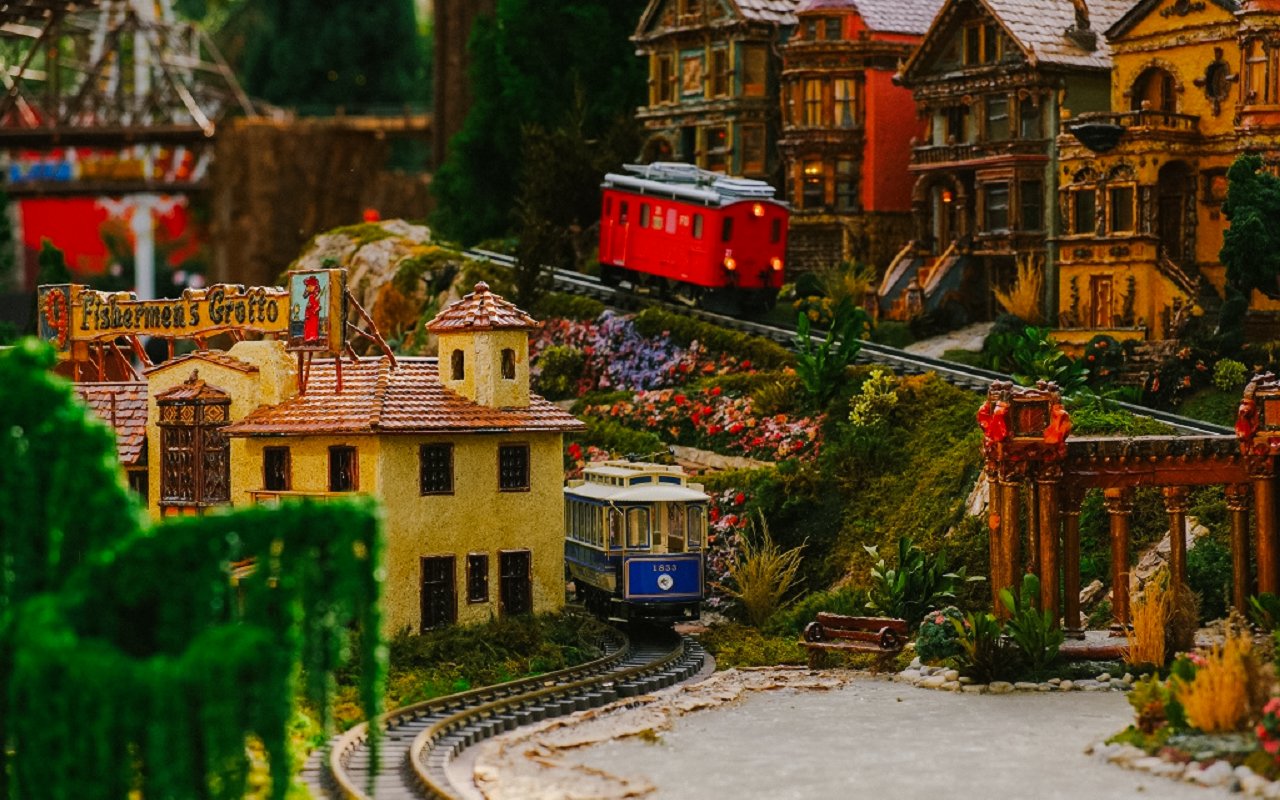 Miniature train and festive village display at Gardens by the Bay Christmas event.