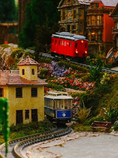 Miniature train and festive village display at Gardens by the Bay Christmas event.