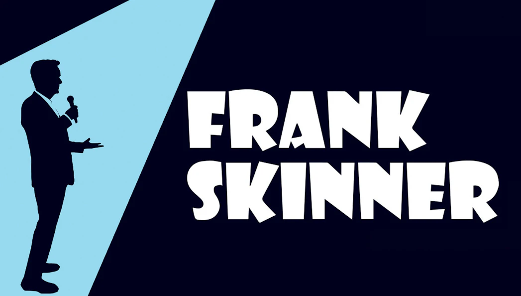 Silhouette of a person holding a microphone with "Frank Skinner" text in bold letters.