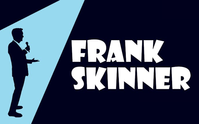 Silhouette of a person holding a microphone with "Frank Skinner" text in bold letters.