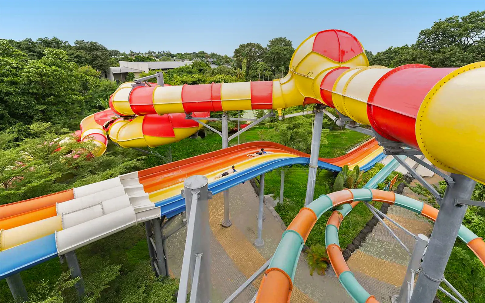 Colorful water slides at Ancol Atlantis Water Adventure Park, Jakarta.