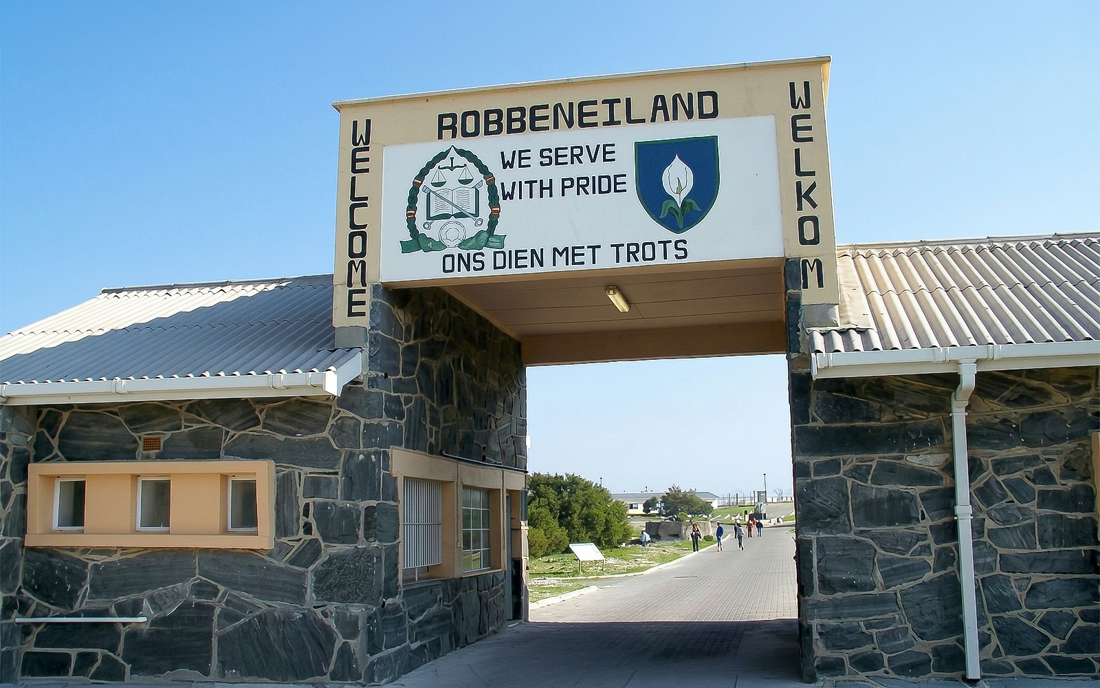 Robben Island entrance gate with welcome sign, Cape Town.