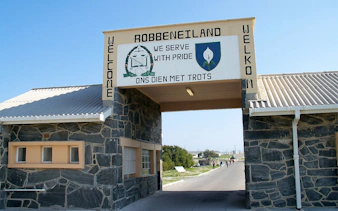 Robben Island entrance gate with welcome sign, Cape Town.