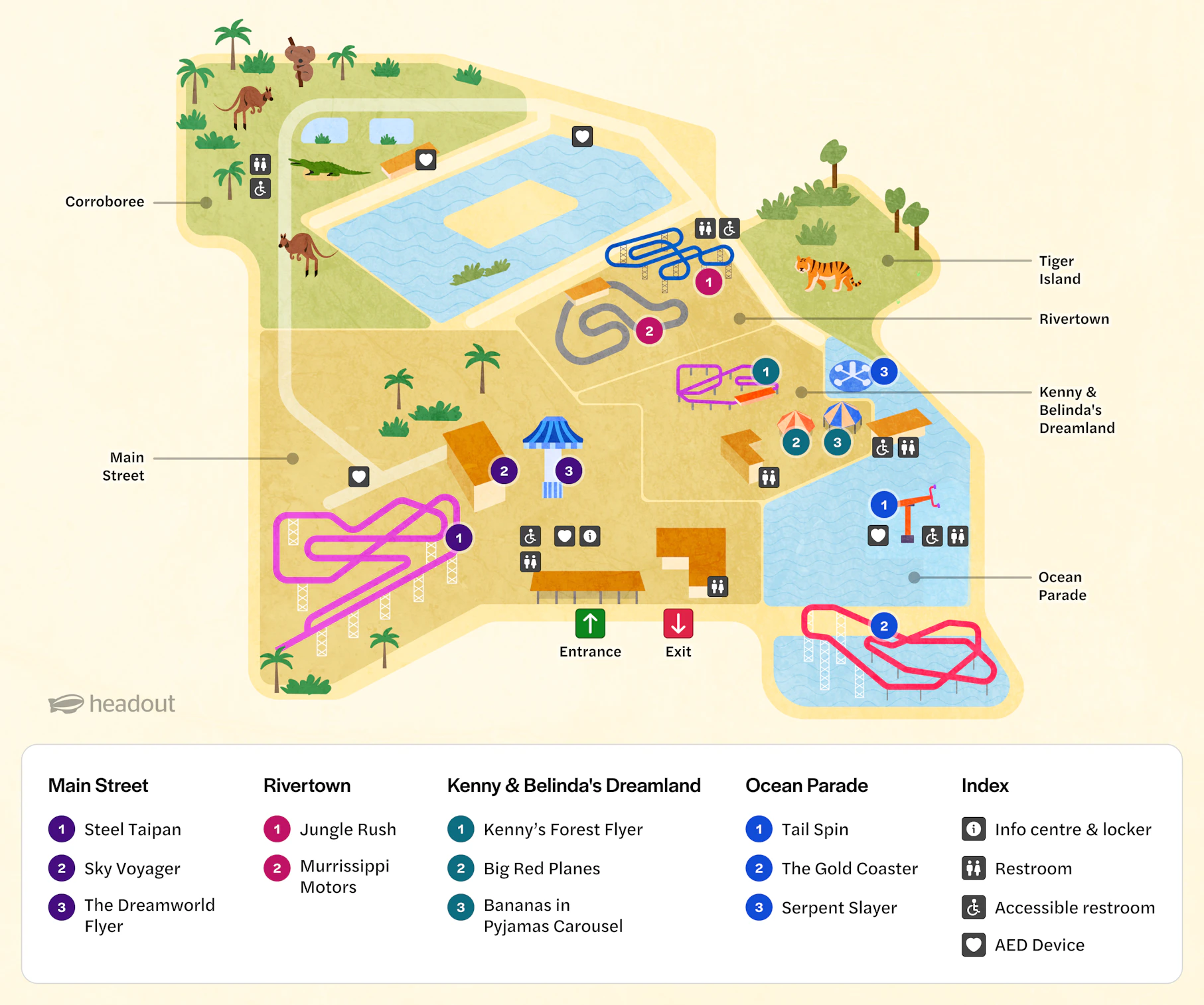 Dreamworld theme park map highlighting attractions and rides in Gold Coast, Australia.