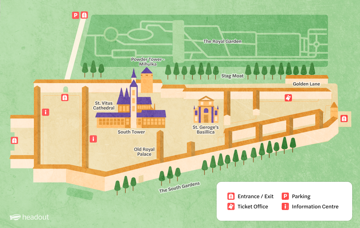 Map of Prague Castle showing St. Vitus Cathedral, St. George's Basilica, and Royal Garden.