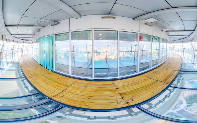 Observation deck with glass floor at Oriental Pearl Tower, Shanghai.
