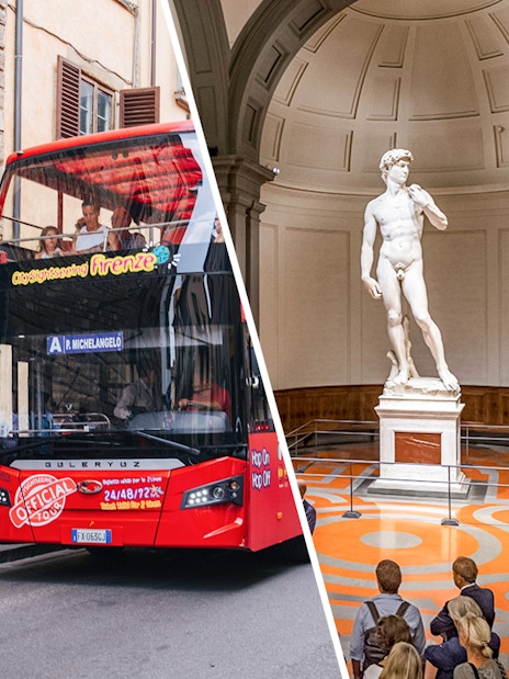 Hop-on hop-off bus in Florence and visitors at Michelangelo's David in Accademia Gallery.