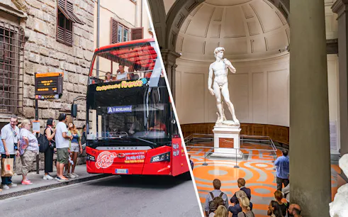 Hop-on hop-off bus in Florence and visitors at Michelangelo's David in Accademia Gallery.