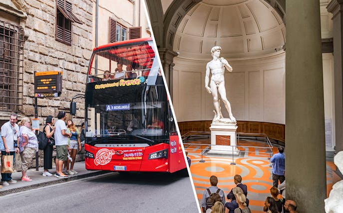Hop-on hop-off bus in Florence and visitors at Michelangelo's David in Accademia Gallery.