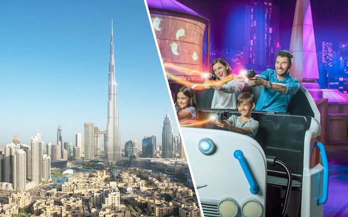Burj Khalifa skyline view and family enjoying a ride at IMG Worlds of Adventure.