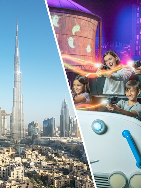 Burj Khalifa skyline view and family enjoying a ride at IMG Worlds of Adventure.