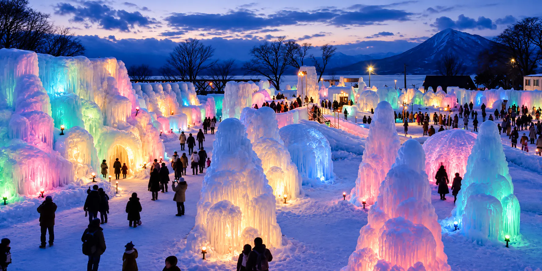Colorful ice sculptures at Sapporo's winter festival, Hokkaido, with visitors exploring.