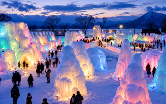 Colorful ice sculptures at Sapporo's winter festival, Hokkaido, with visitors exploring.