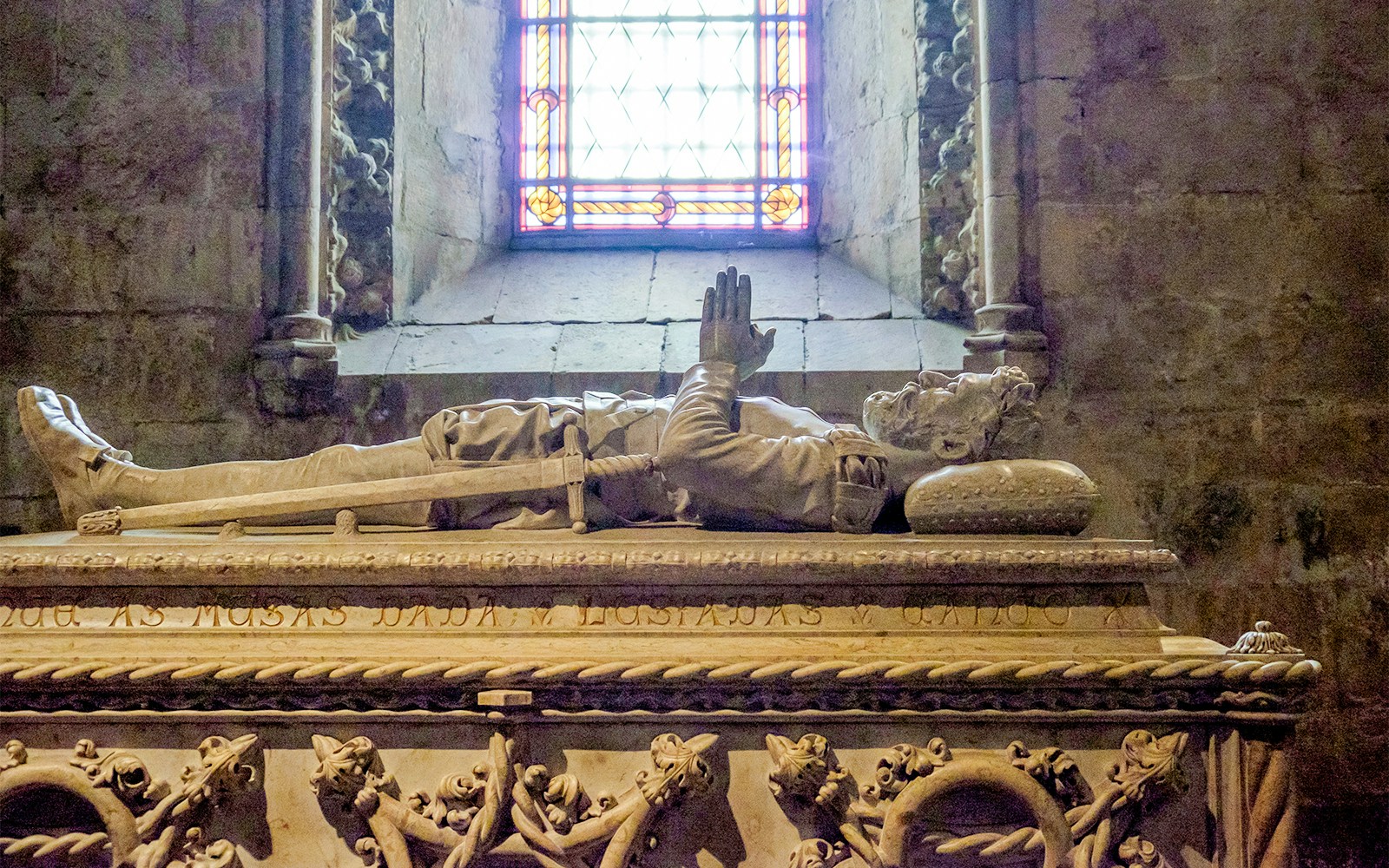 Jeronimos Monastery tombs with intricate carvings in Lisbon, Portugal.